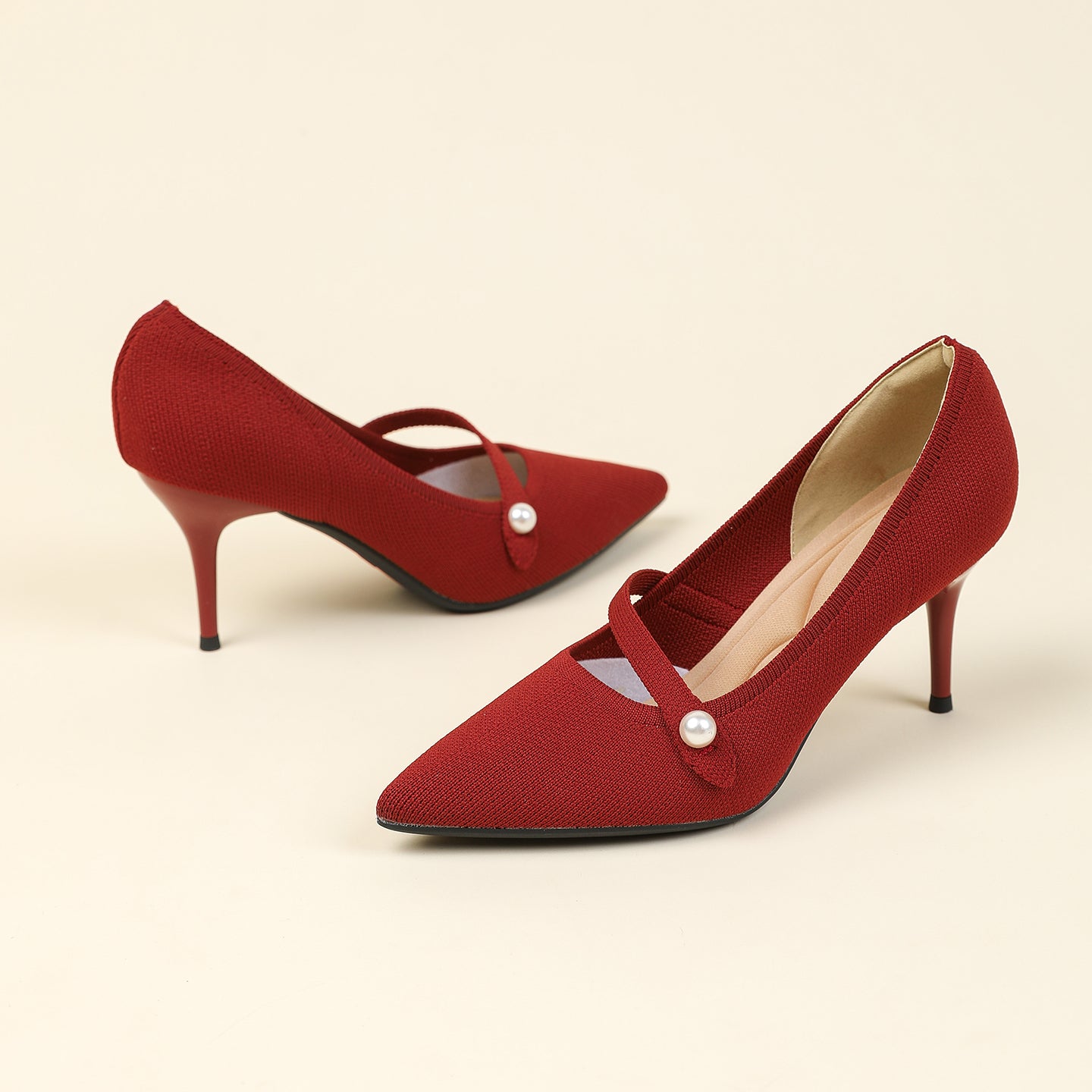 尖頭リボン付き斜めストラップパンプス 7cmヒール