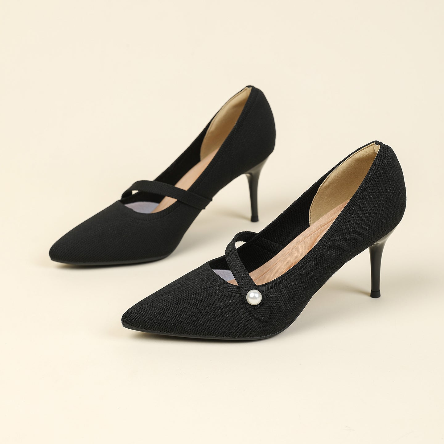 尖頭リボン付き斜めストラップパンプス 7cmヒール