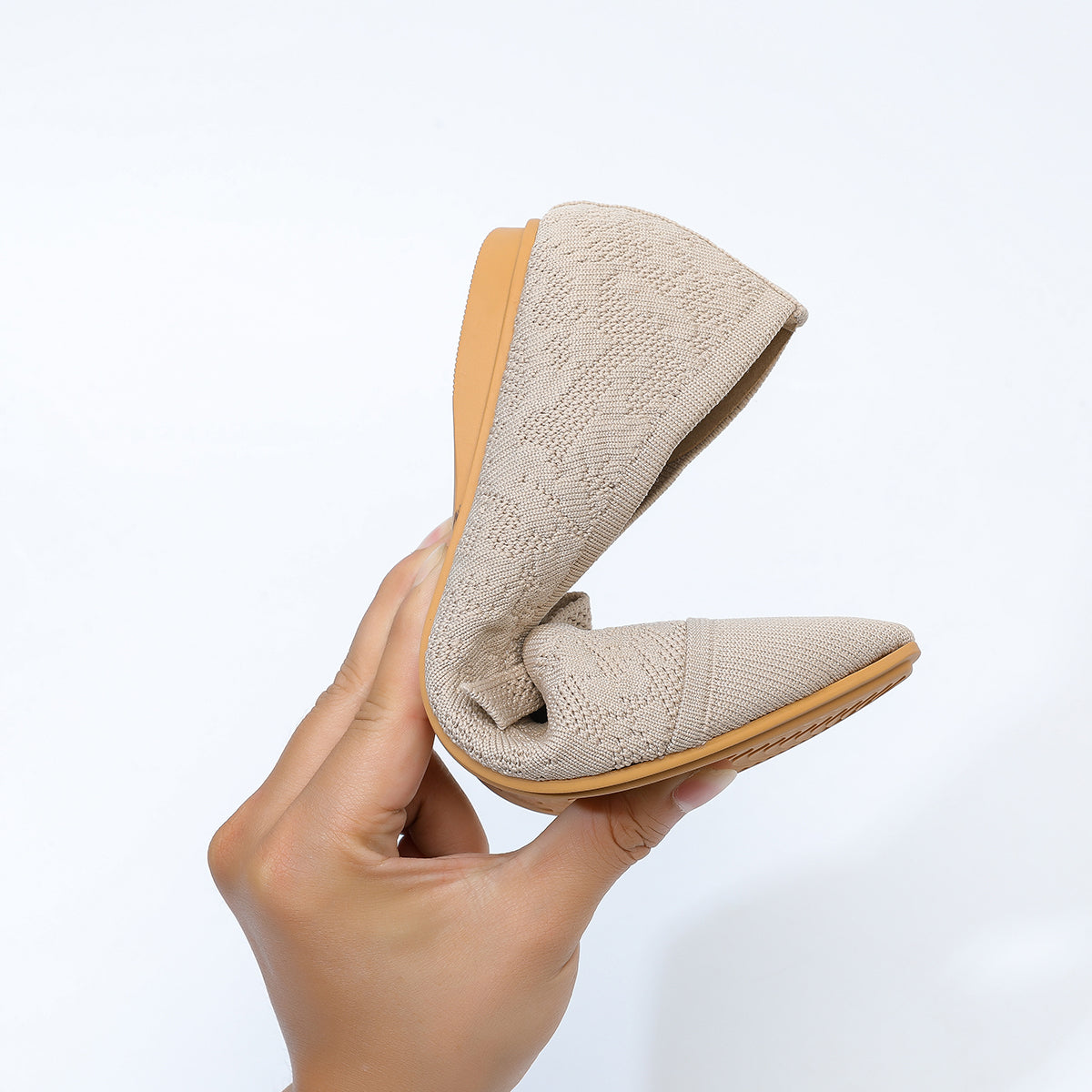 レトロニットフラットパンプス 尖頭浅口ワンストラップ