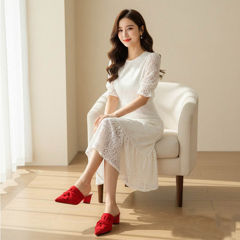 5cmヒール 後ろ開き ポインテッドトゥ ニットミュール