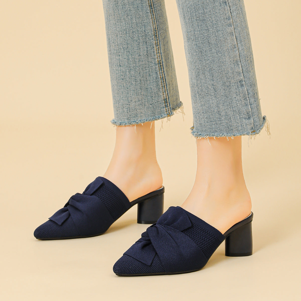 5cmヒール 後ろ開き ポインテッドトゥ ニットミュール