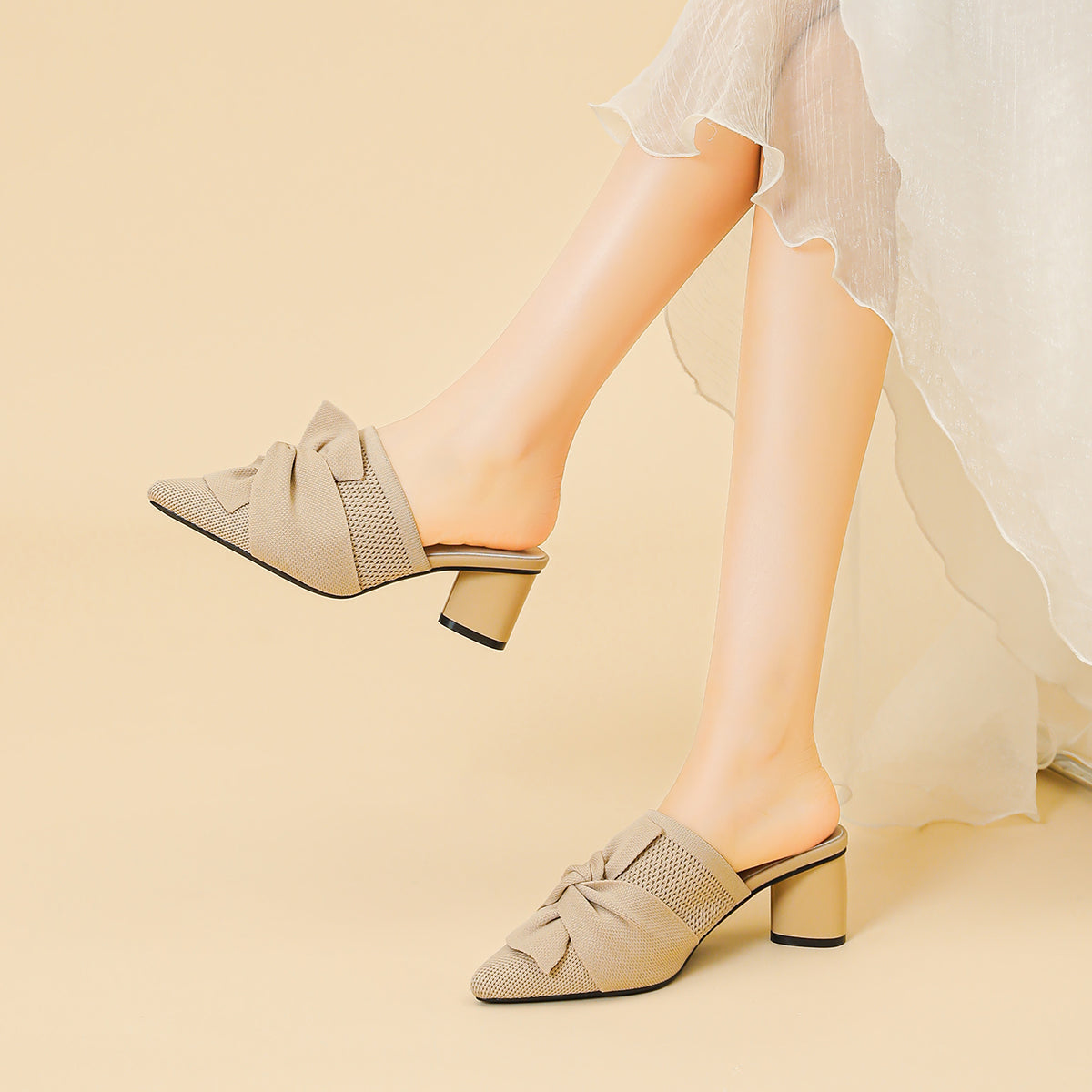 5cmヒール 後ろ開き ポインテッドトゥ ニットミュール