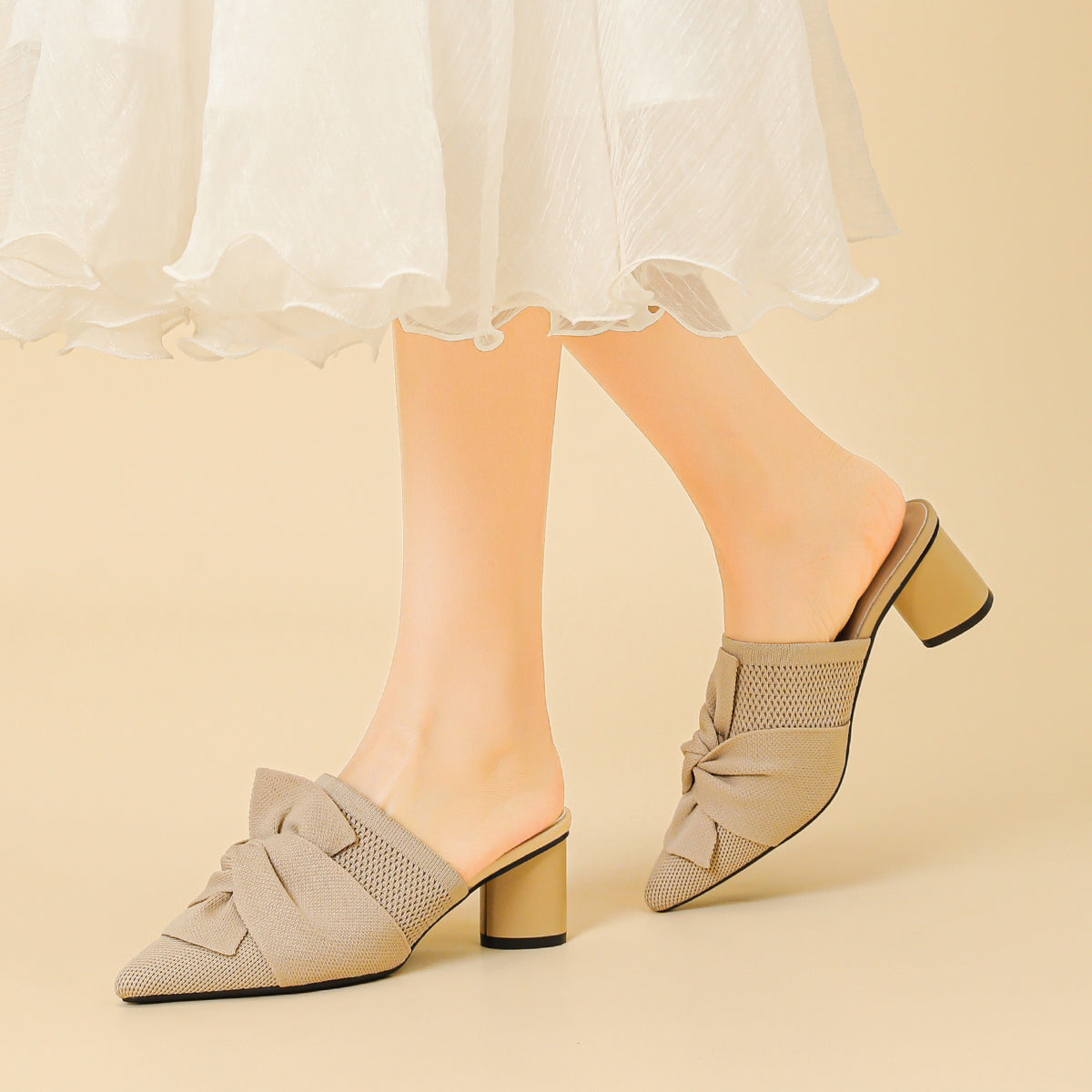 5cmヒール 後ろ開き ポインテッドトゥ ニットミュール