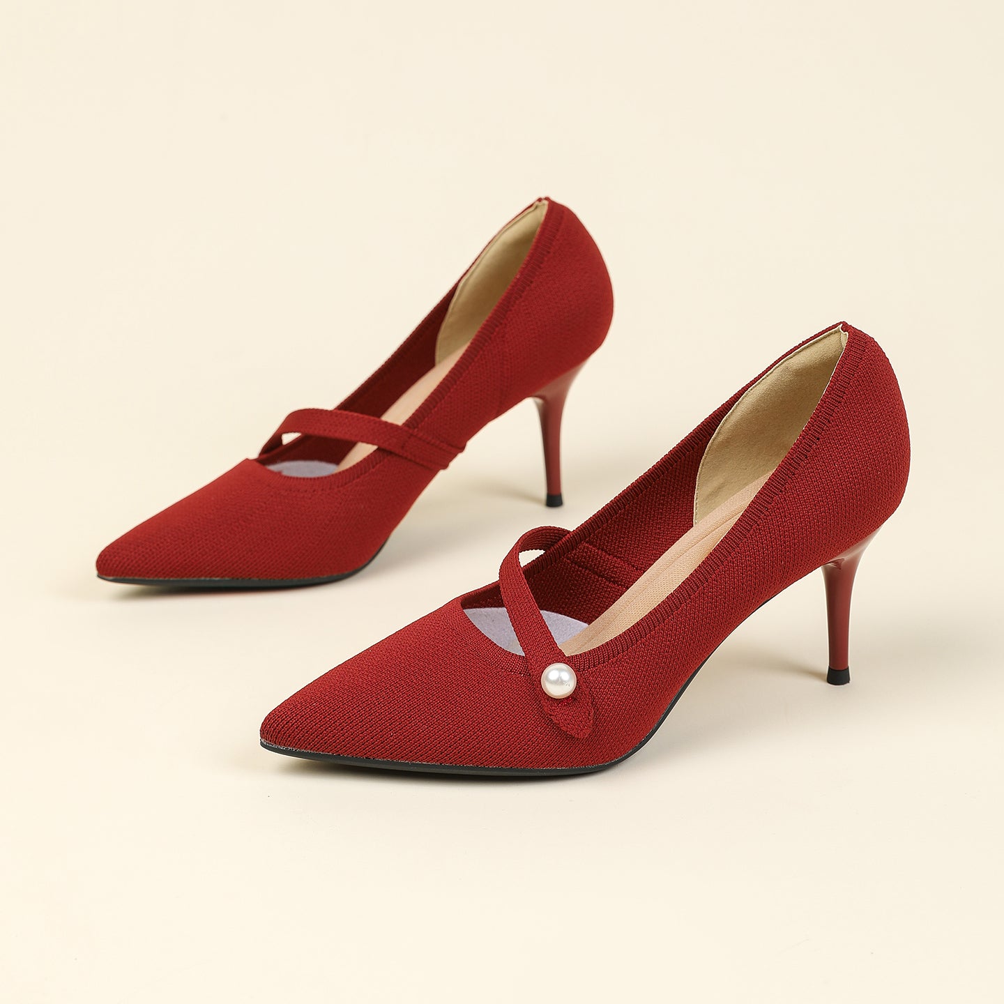 尖頭リボン付き斜めストラップパンプス 7cmヒール