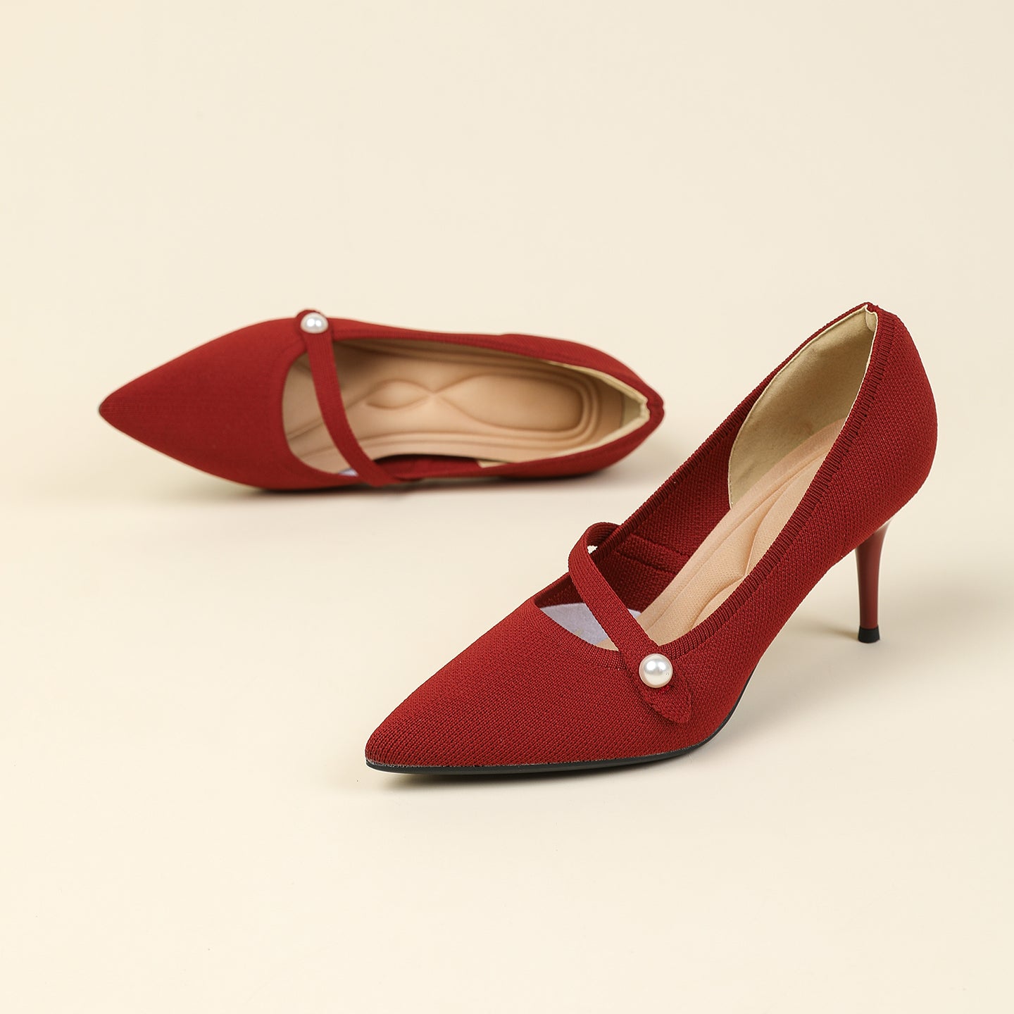 尖頭リボン付き斜めストラップパンプス 7cmヒール