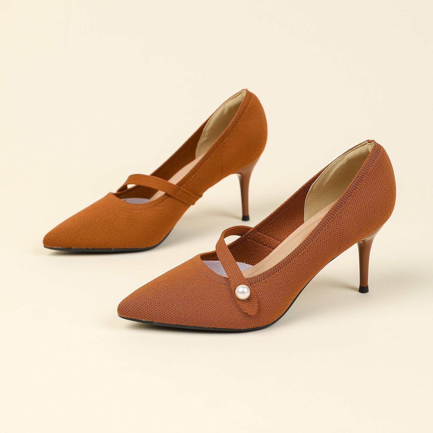 尖頭リボン付き斜めストラップパンプス 7cmヒール