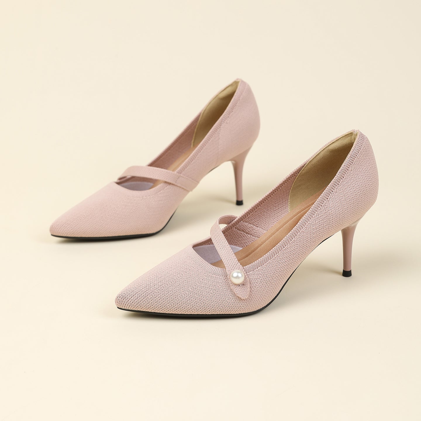 尖頭リボン付き斜めストラップパンプス 7cmヒール