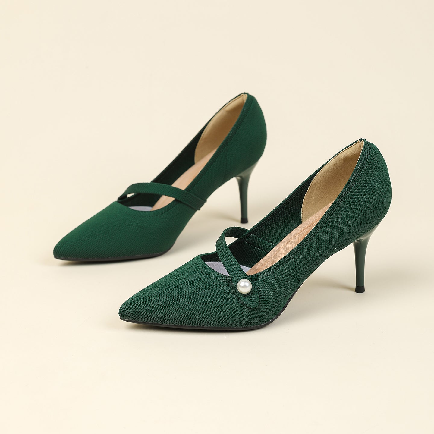 尖頭リボン付き斜めストラップパンプス 7cmヒール