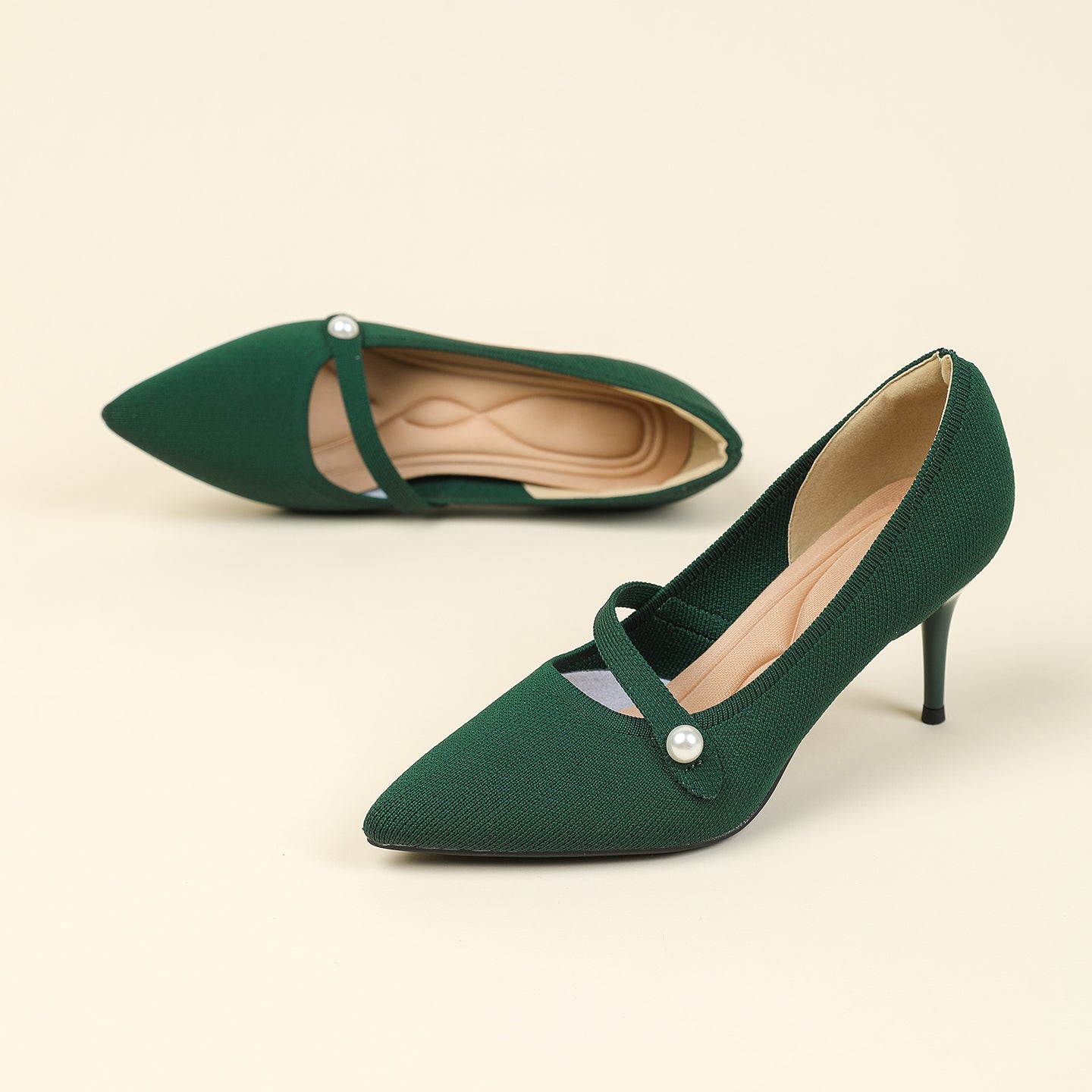 尖頭リボン付き斜めストラップパンプス 7cmヒール