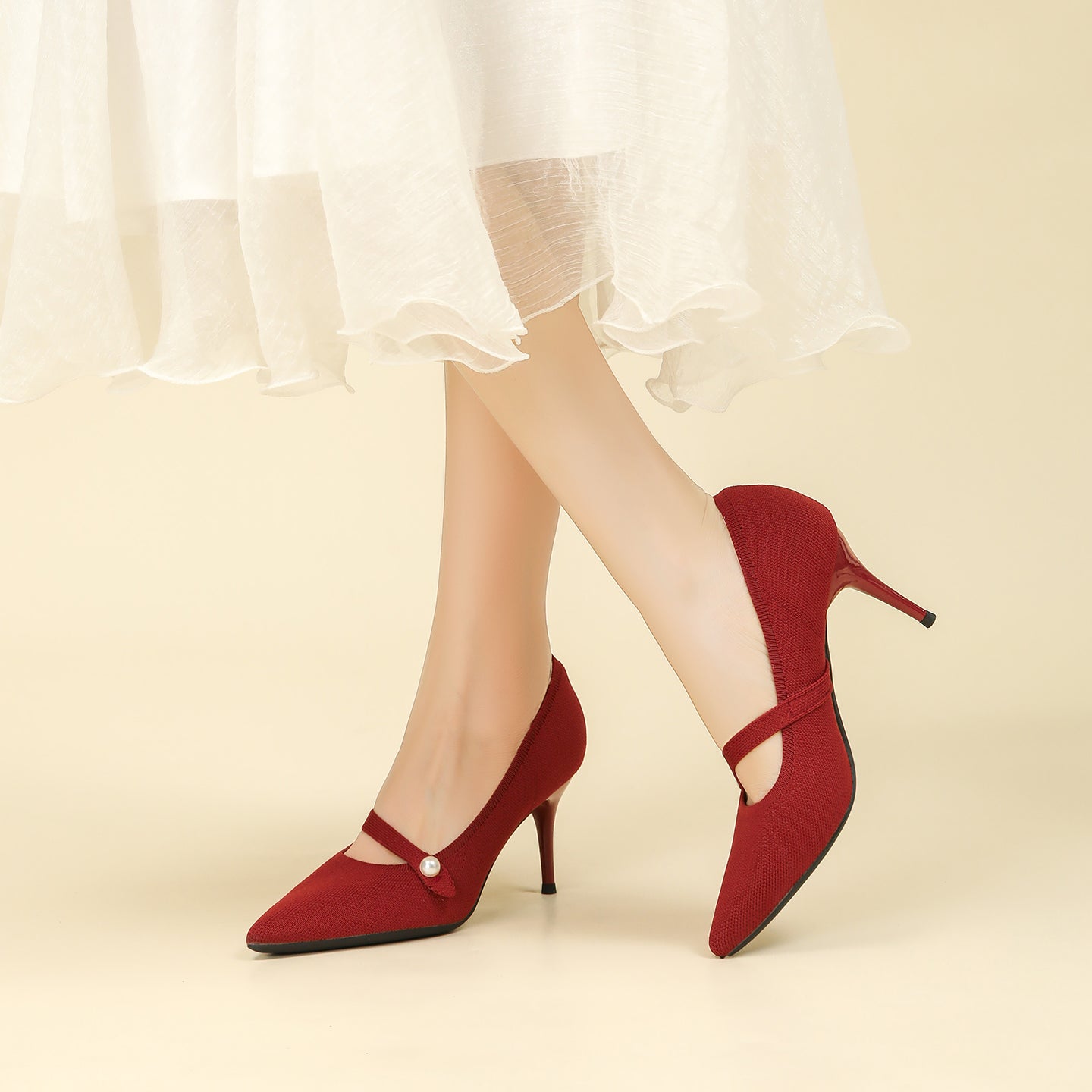 尖頭リボン付き斜めストラップパンプス 7cmヒール