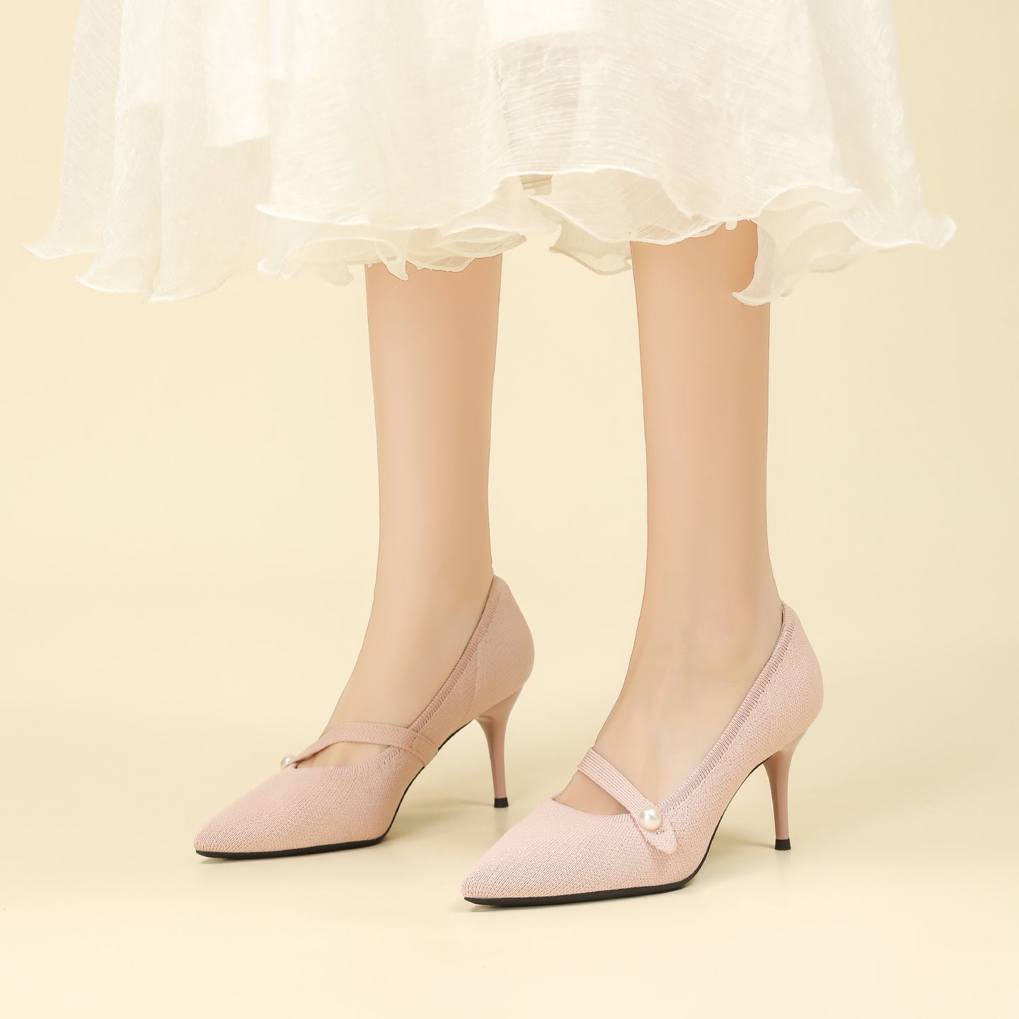 尖頭リボン付き斜めストラップパンプス 7cmヒール