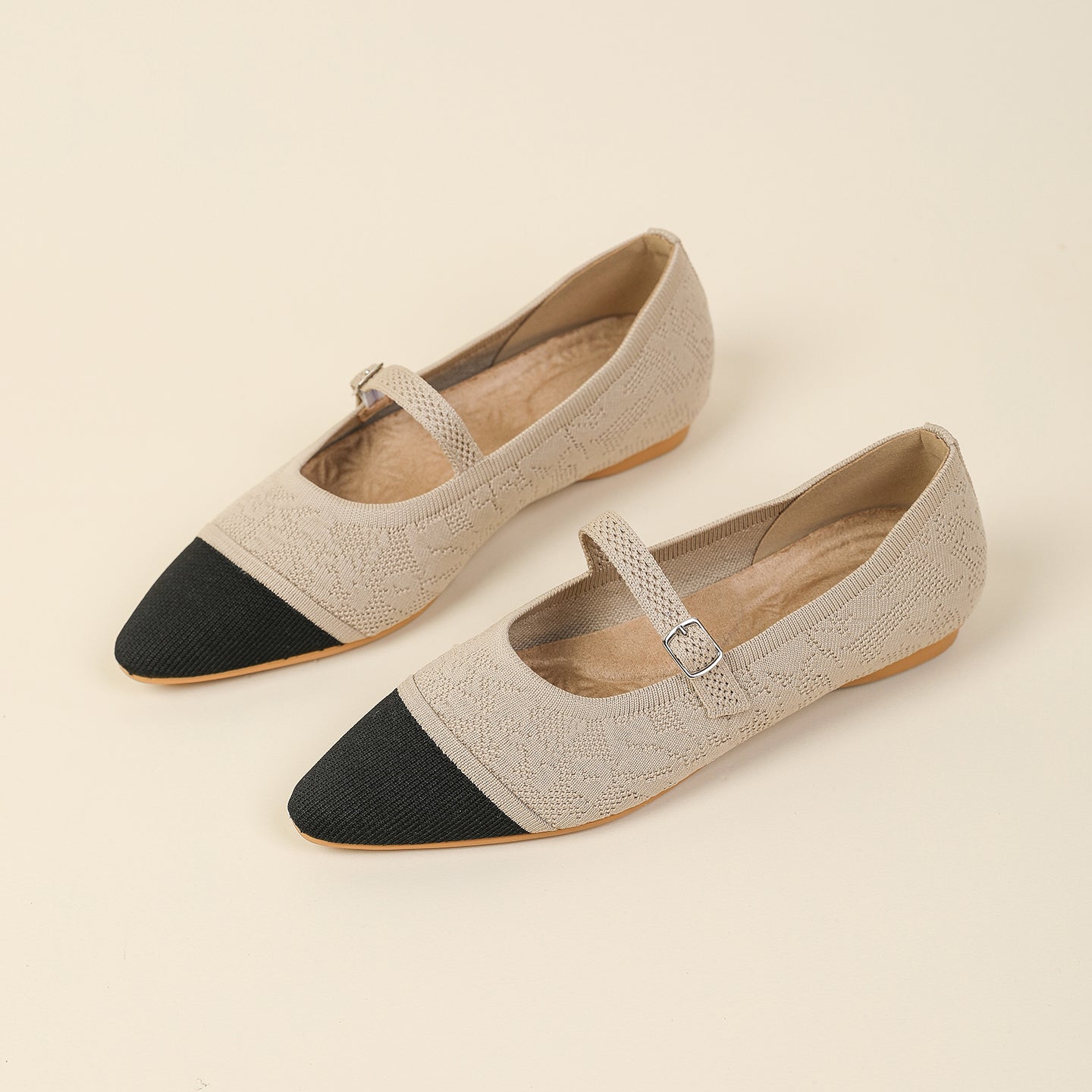 レトロニットフラットパンプス 尖頭浅口ワンストラップ