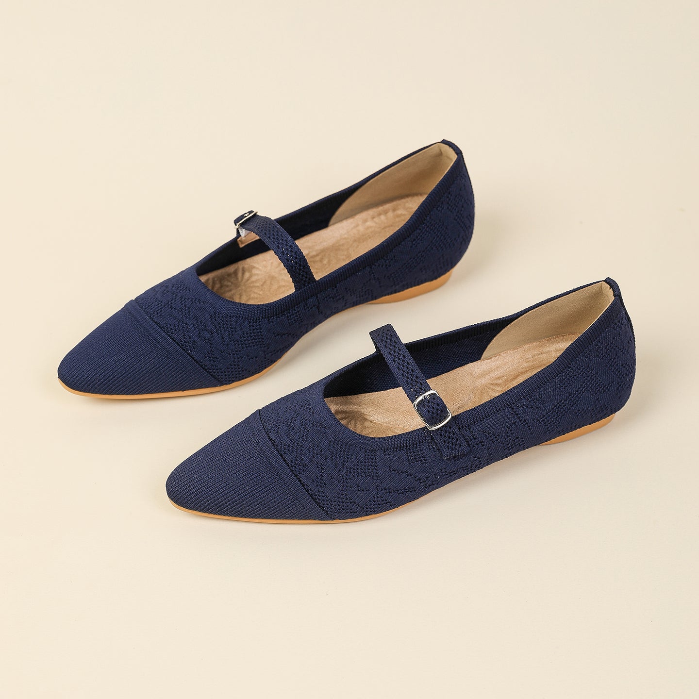 レトロニットフラットパンプス 尖頭浅口ワンストラップ