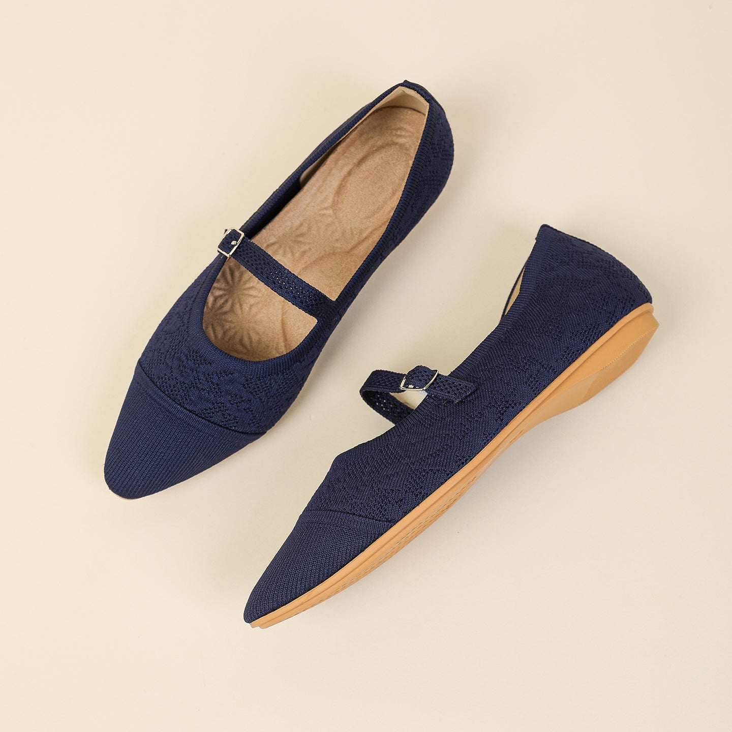 レトロニットフラットパンプス 尖頭浅口ワンストラップ