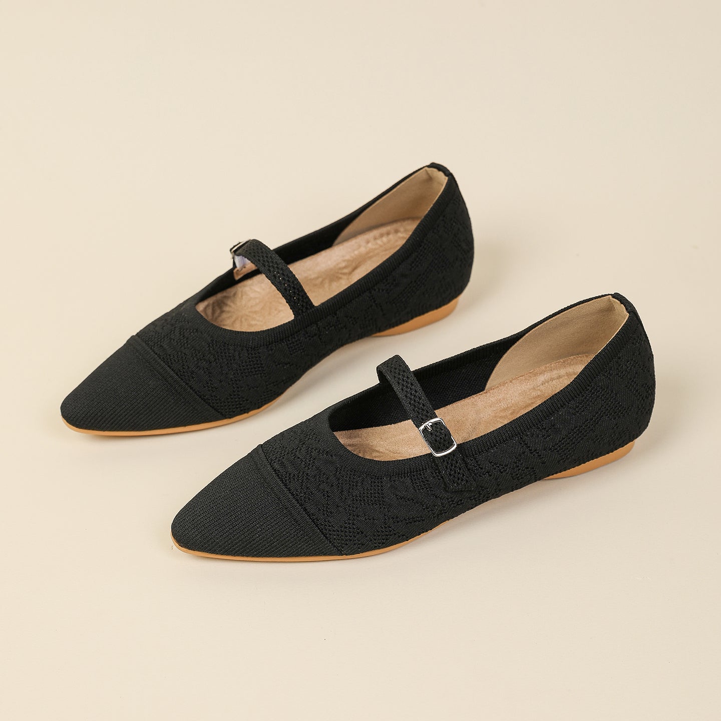 レトロニットフラットパンプス 尖頭浅口ワンストラップ