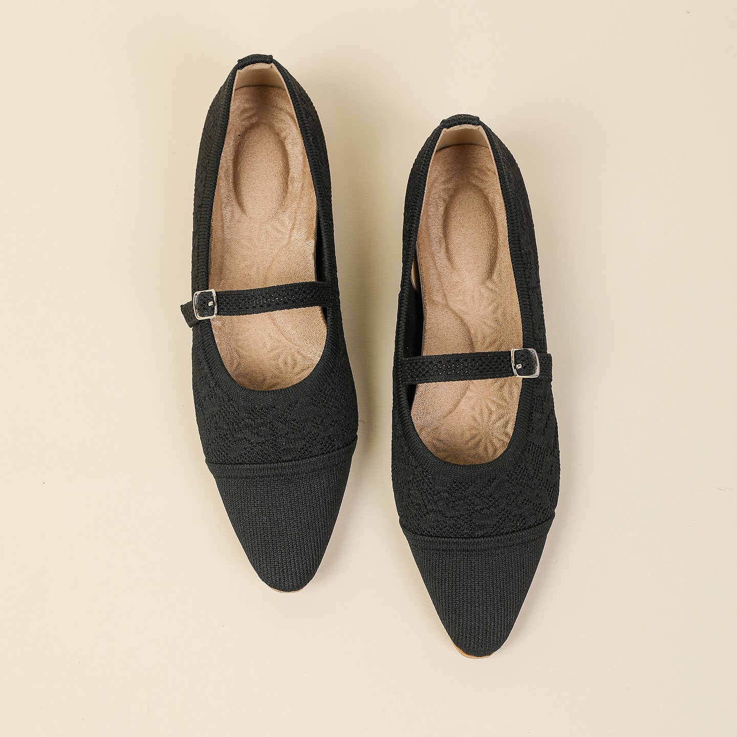 レトロニットフラットパンプス 尖頭浅口ワンストラップ