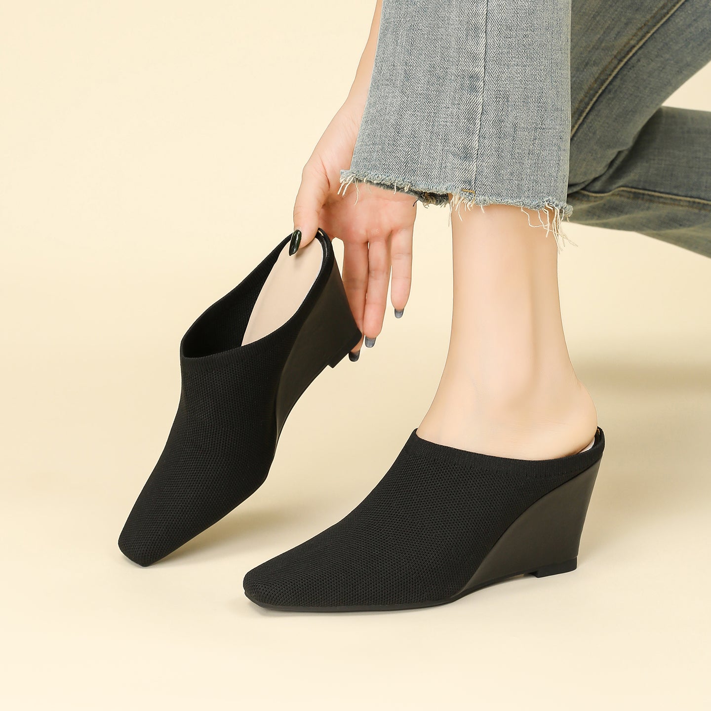 バックレスミュールサンダル ウェッジヒール レディース