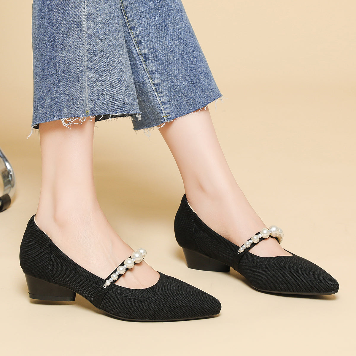 パールストラップ チャンキーヒール 3cm ミドルヒール パンプス レディース