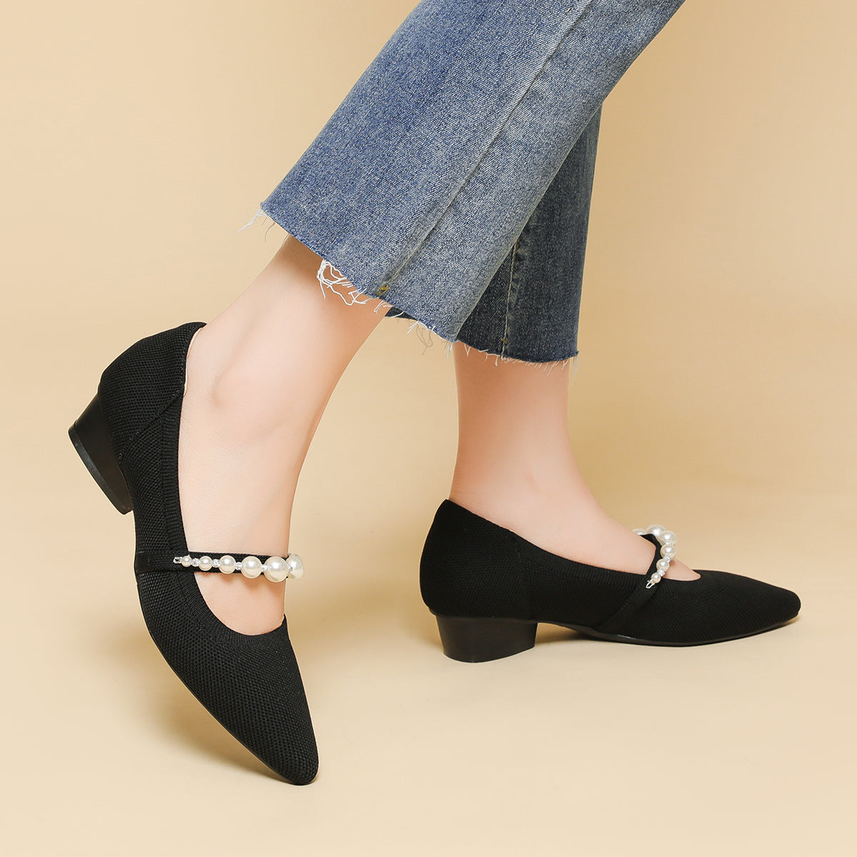パールストラップ チャンキーヒール 3cm ミドルヒール パンプス レディース