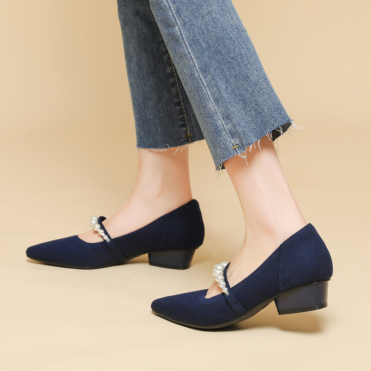 パールストラップ チャンキーヒール 3cm ミドルヒール パンプス レディース