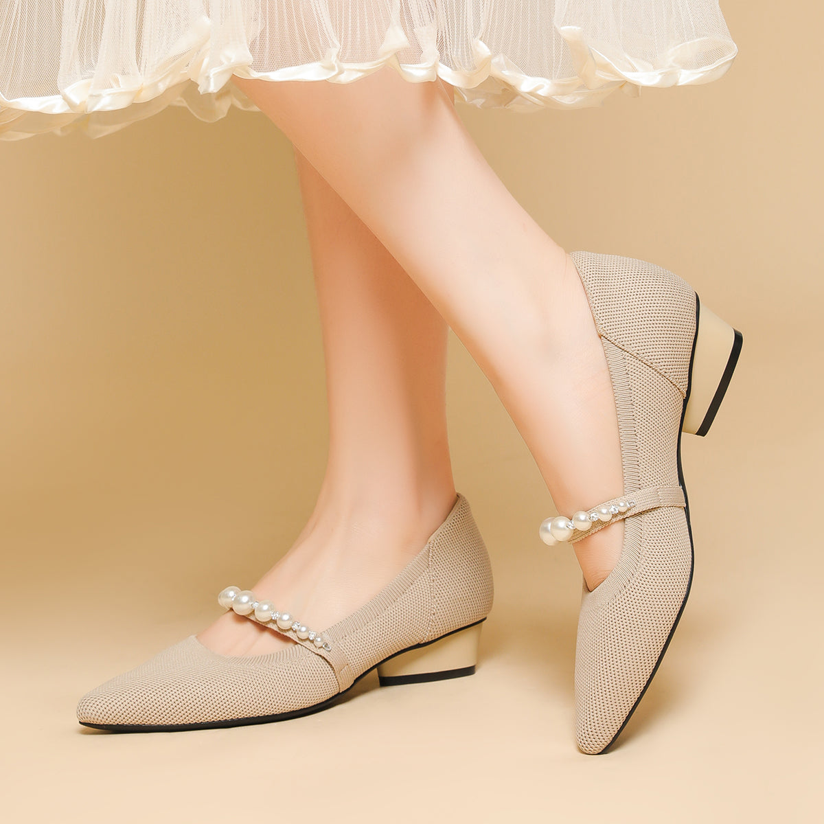 パールストラップ チャンキーヒール 3cm ミドルヒール パンプス レディース