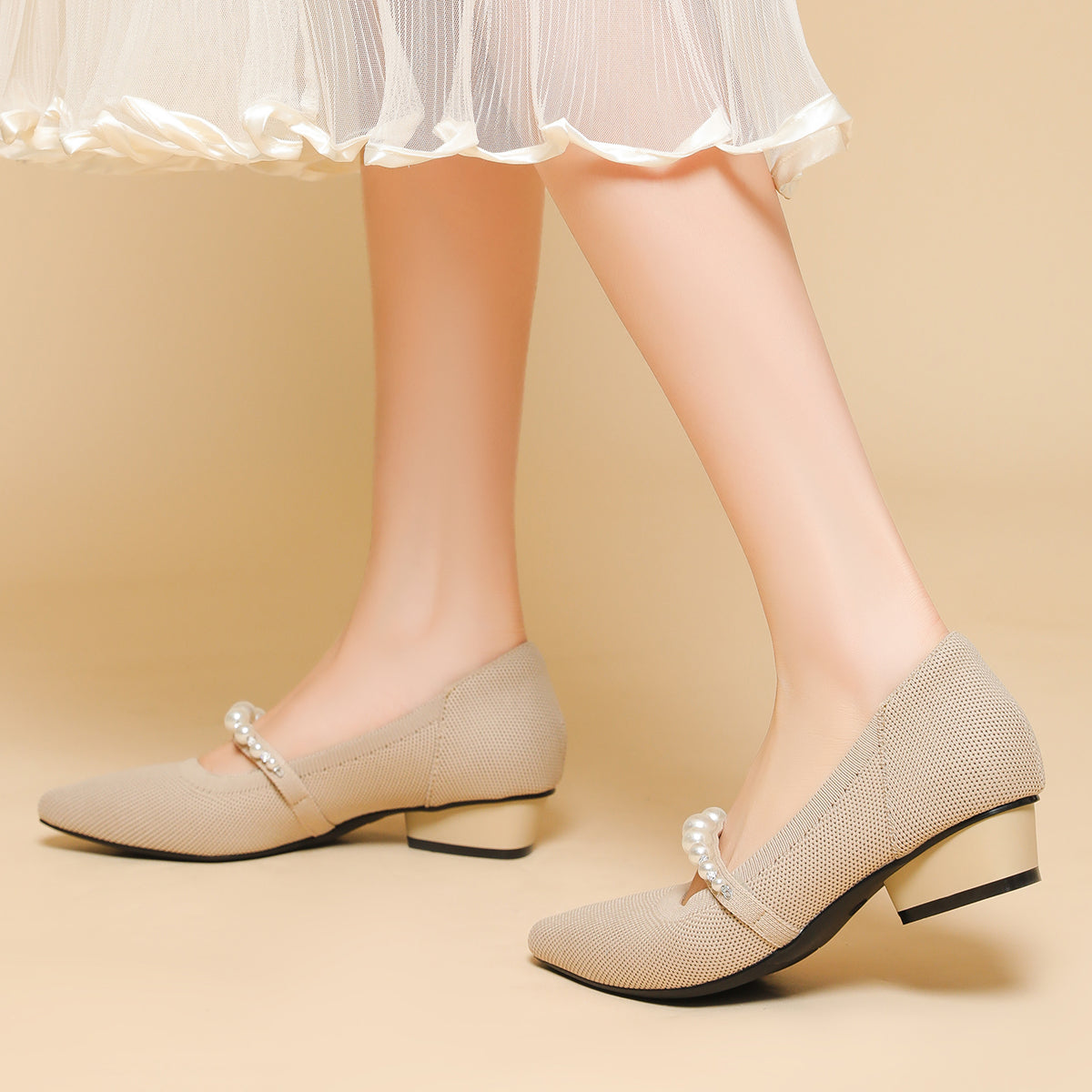 パールストラップ チャンキーヒール 3cm ミドルヒール パンプス レディース