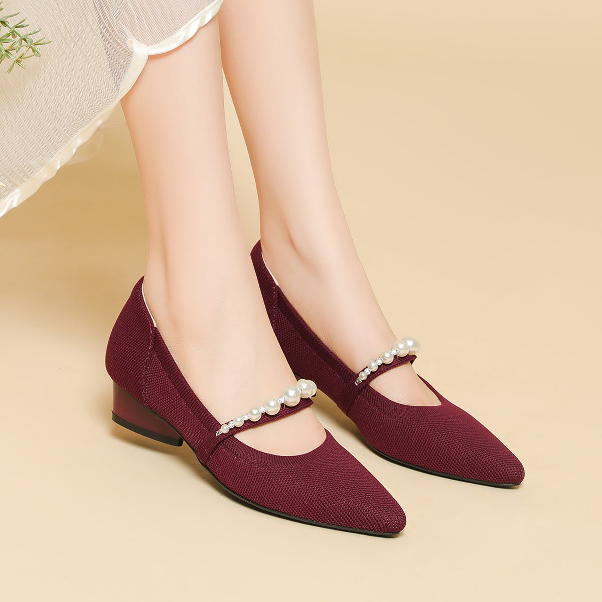 パールストラップ チャンキーヒール 3cm ミドルヒール パンプス レディース
