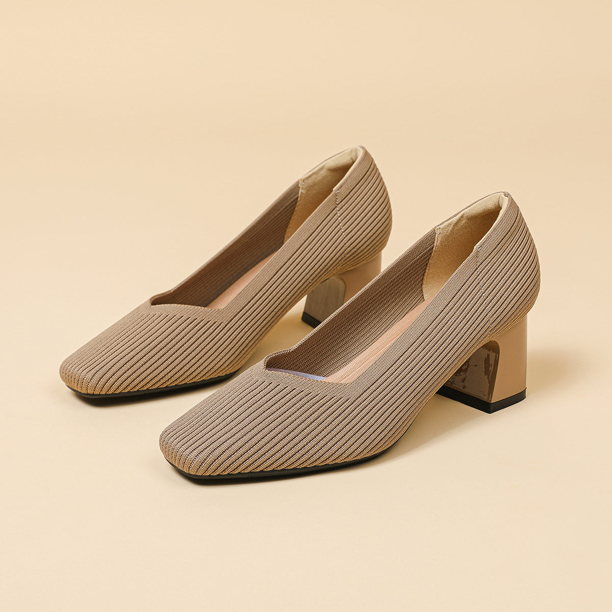 スクエアトゥVカット粗ヒールパンプス(6cmハイヒール)
