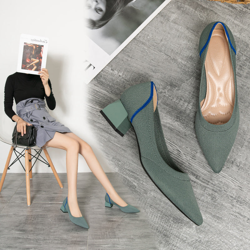 尖ったトゥの浅口粗ヒールカジュアルパンプス(中ヒール4cm)