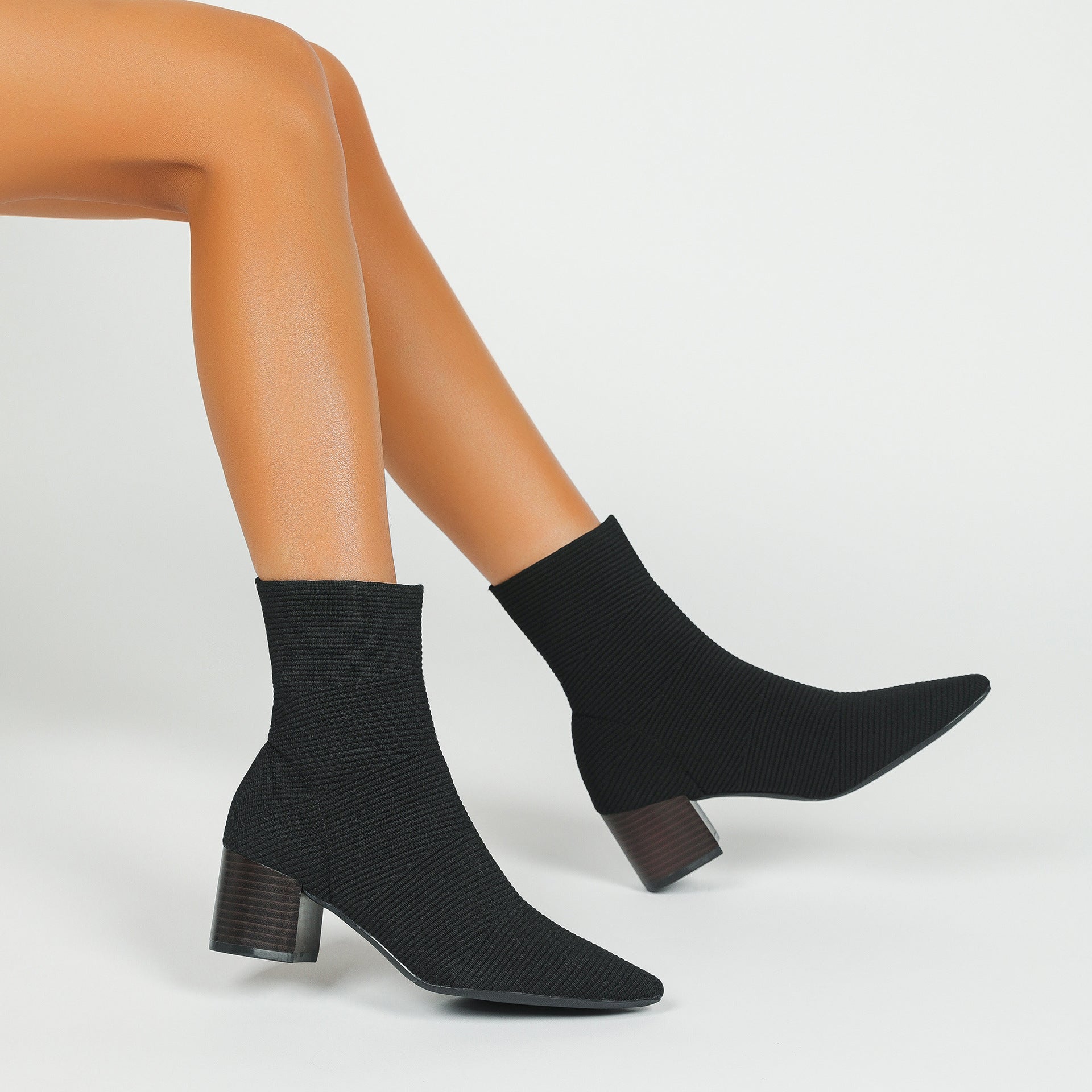 ポインテッドトゥ ニット 5.5cmチャンキーヒール ショートブーツ