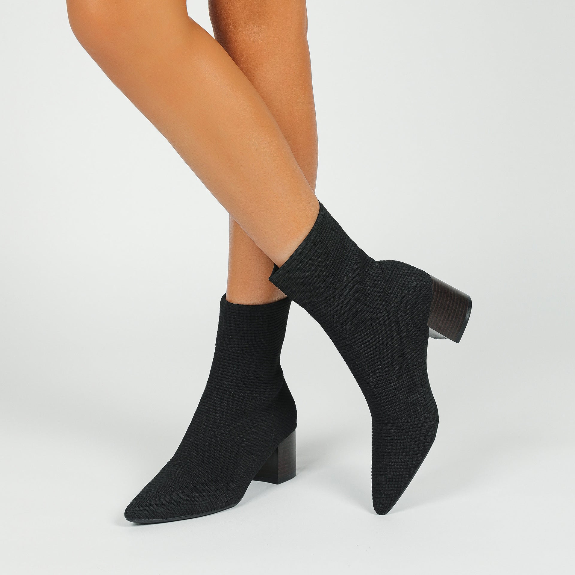 ポインテッドトゥ ニット 5.5cmチャンキーヒール ショートブーツ