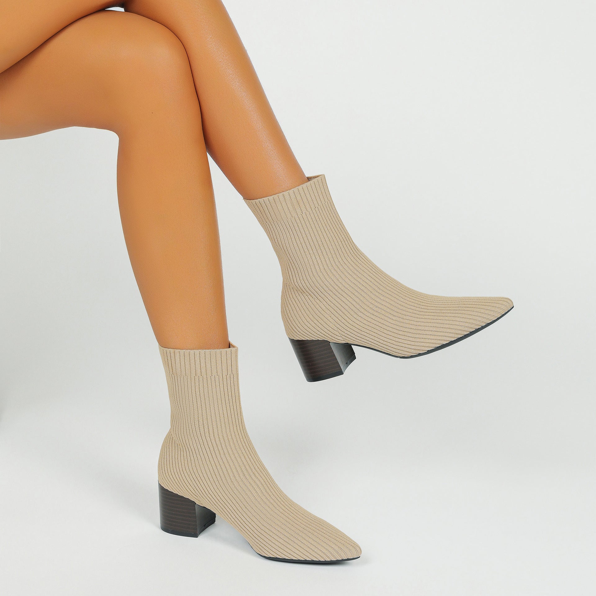 尖頭ニットソックスショートブーツ 5.5cmチャンキーヒール