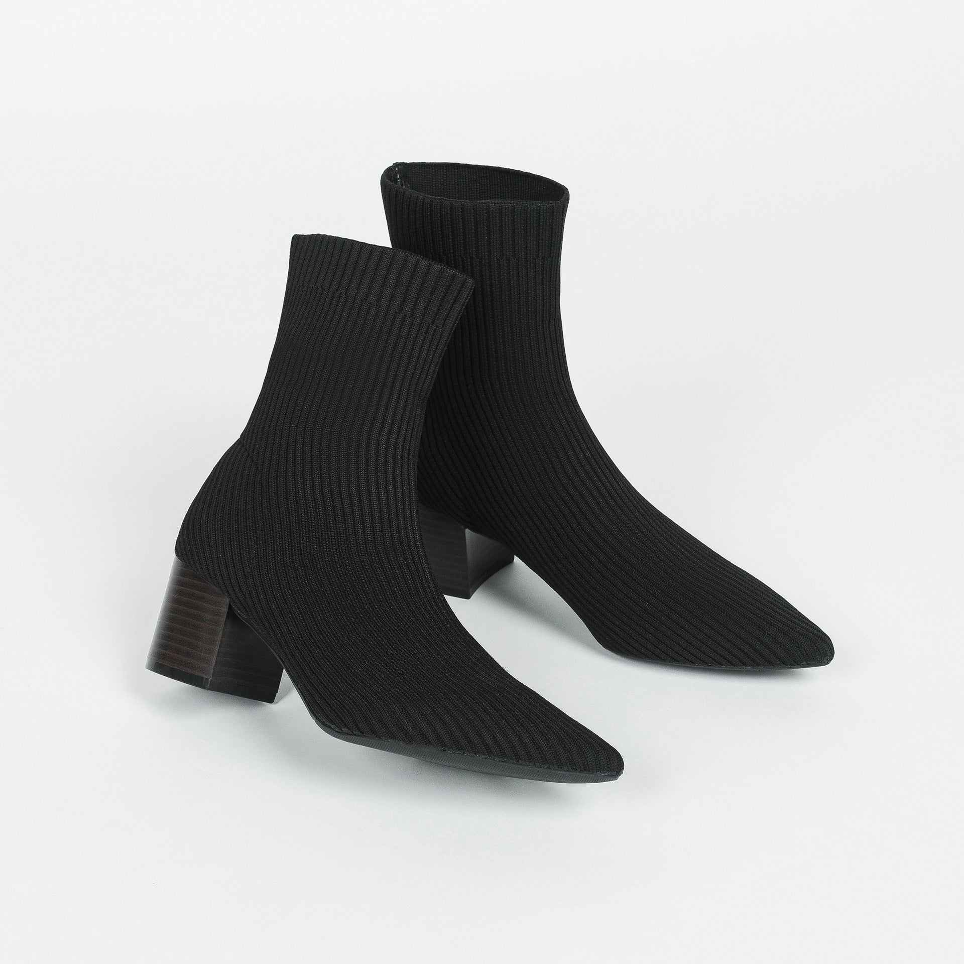 尖頭ニットソックスショートブーツ 5.5cmチャンキーヒール