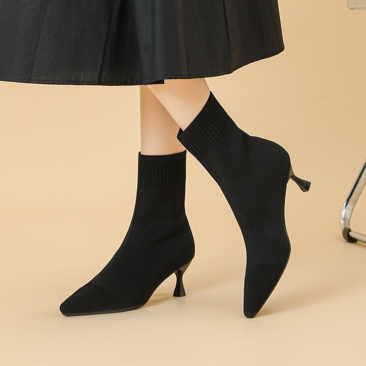 尖頭ニットピンヒールショートブーツ レディース