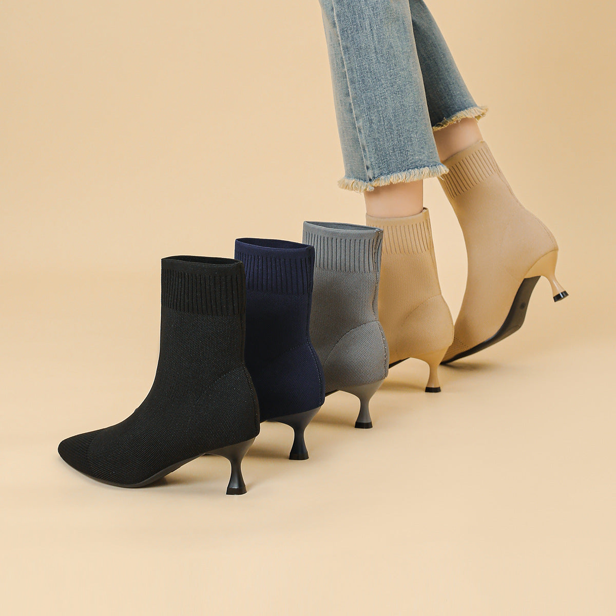尖頭ニットピンヒールショートブーツ レディース