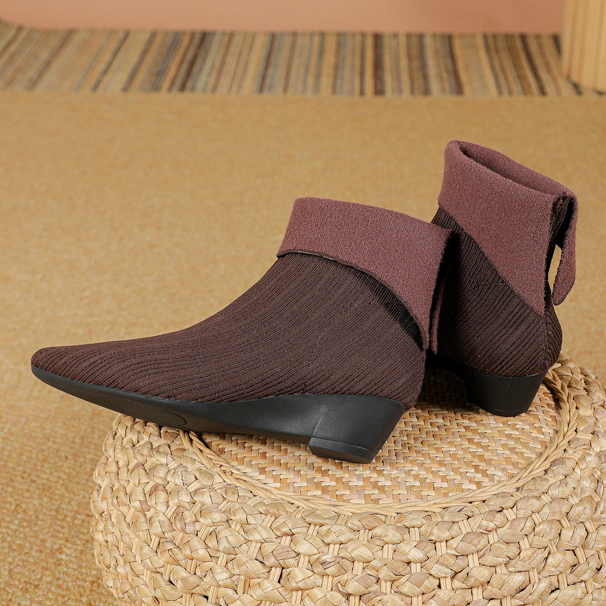 尖頭フレアカフススエード風ウェッジブーティ