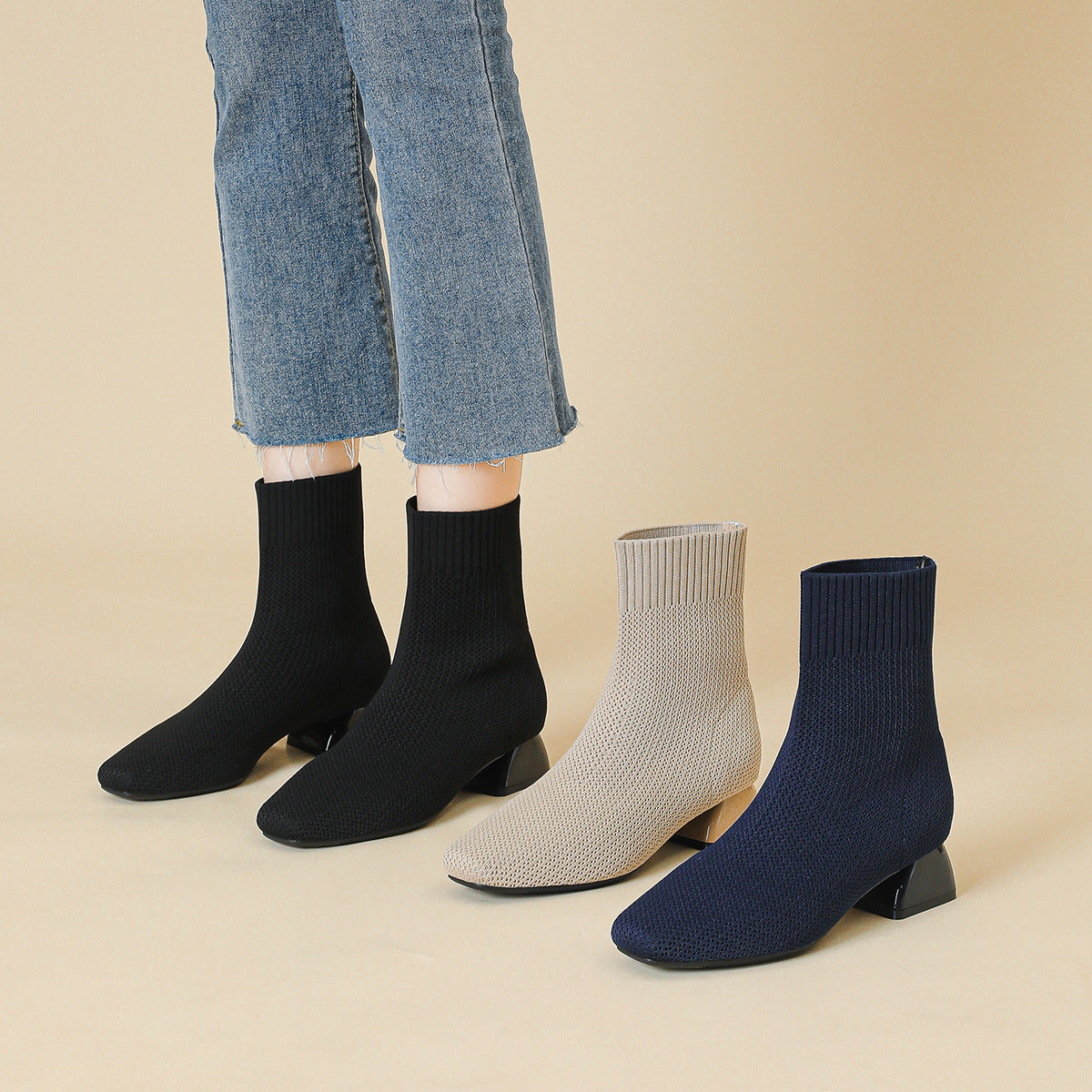 スクエアトゥ通気性ファブリック3cmヒールショートブーツ