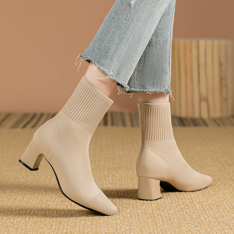 スクエアトゥ太ヒールニットソックスブーツ ショートブーツ