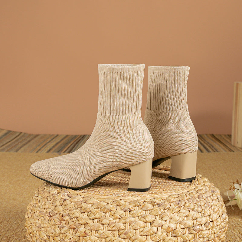 スクエアトゥ太ヒールニットソックスブーツ ショートブーツ