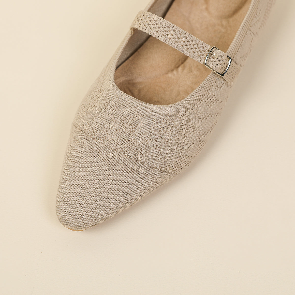 レトロニットフラットパンプス 尖頭浅口ワンストラップ