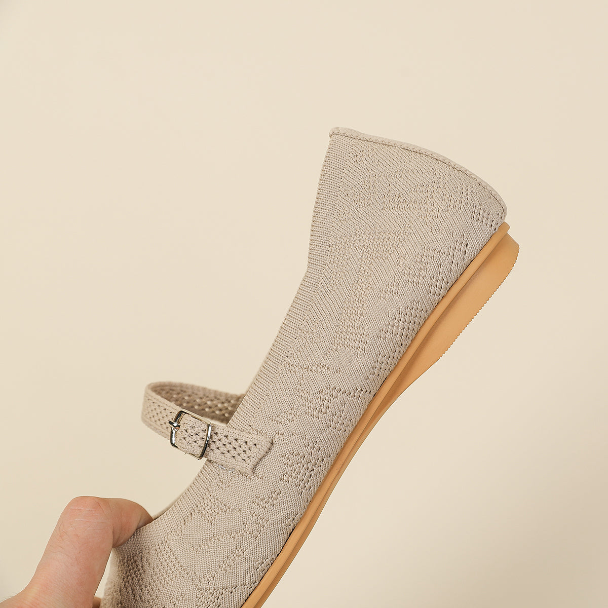 レトロニットフラットパンプス 尖頭浅口ワンストラップ