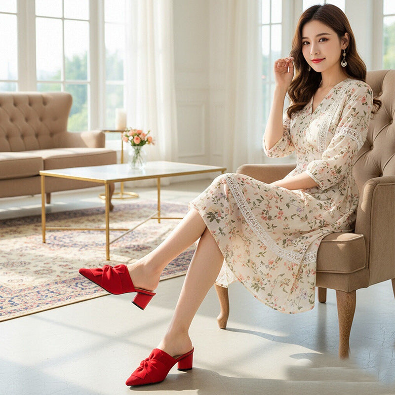 5cmヒール 後ろ開き ポインテッドトゥ ニットミュール