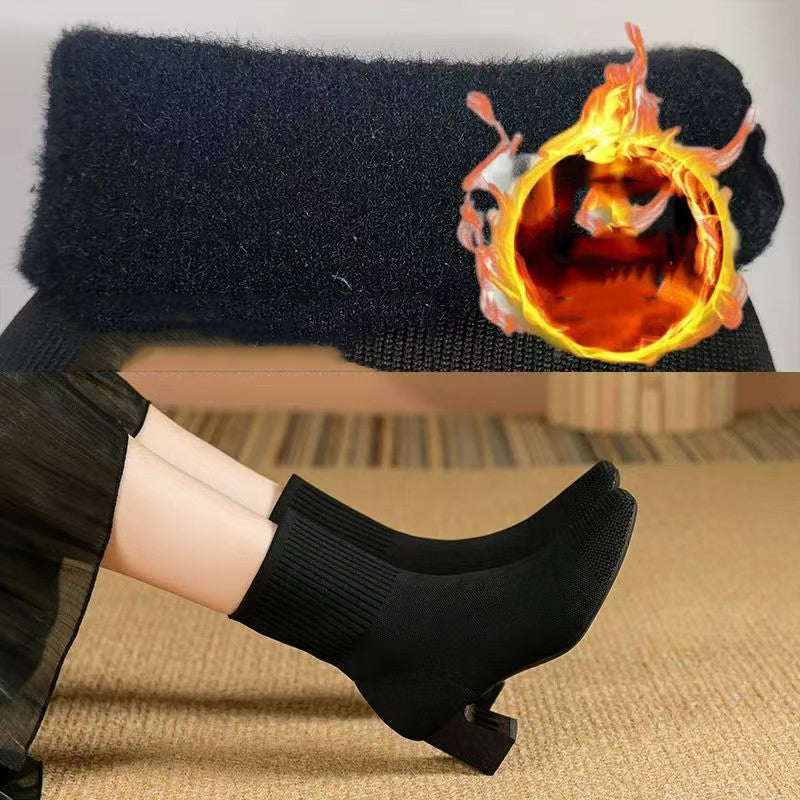 スクエアトゥ太ヒールニットソックスブーツ ショートブーツ