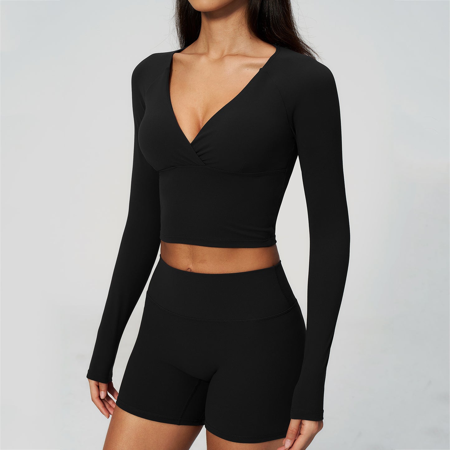 Deep V Long Sleeve Cropped Gym Top