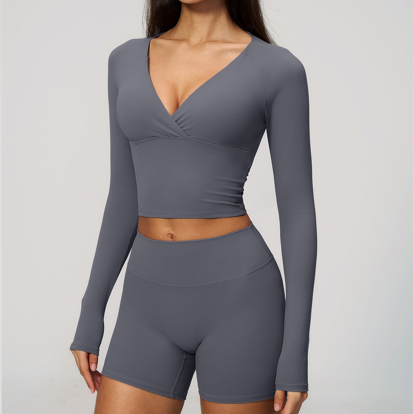 Deep V Long Sleeve Cropped Gym Top