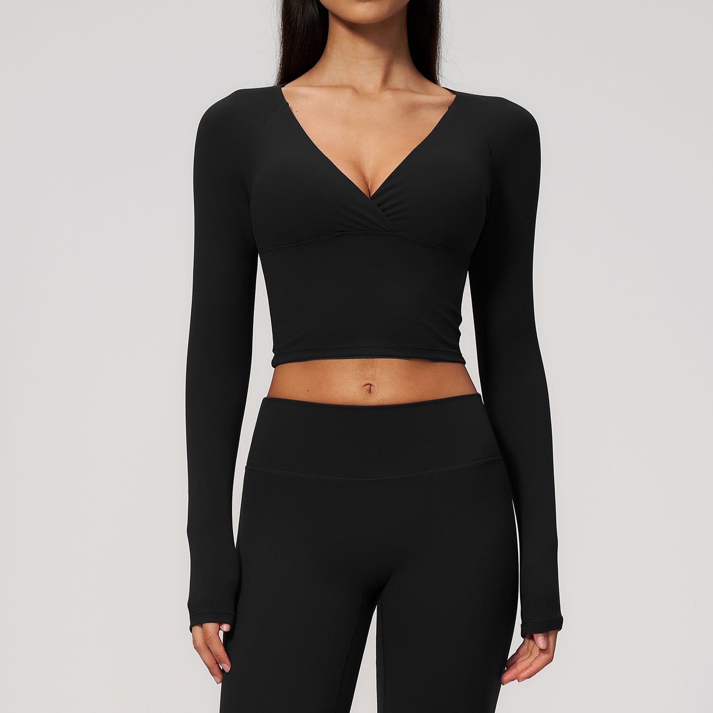 Deep V Long Sleeve Cropped Gym Top