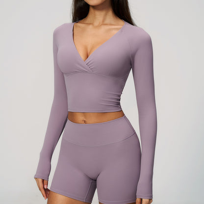Deep V Long Sleeve Cropped Gym Top