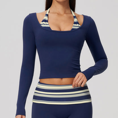 Contrast Trim Halter Long Sleeve Top