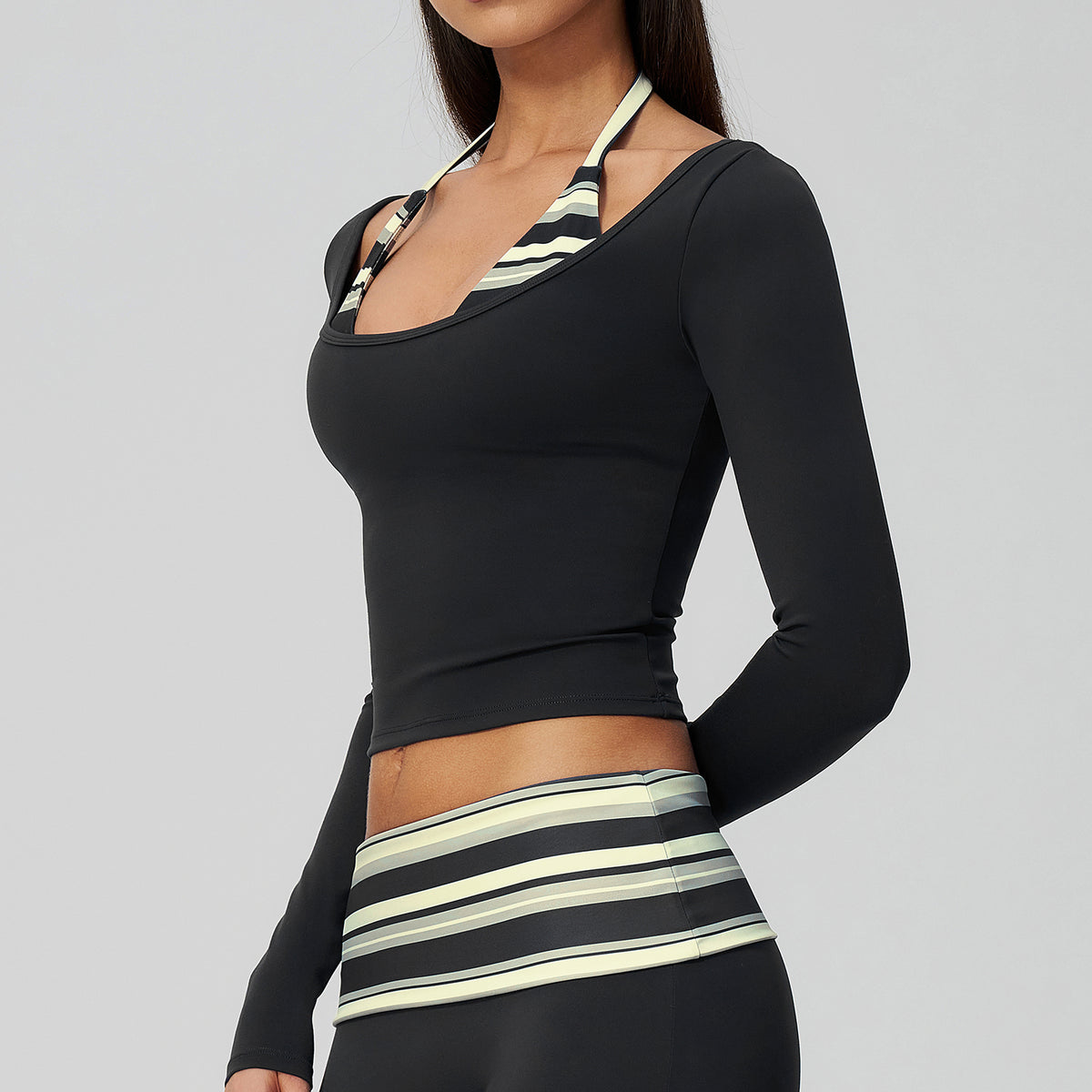 Contrast Trim Halter Long Sleeve Top