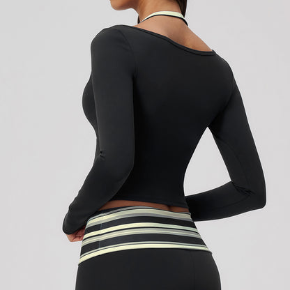 Contrast Trim Halter Long Sleeve Top